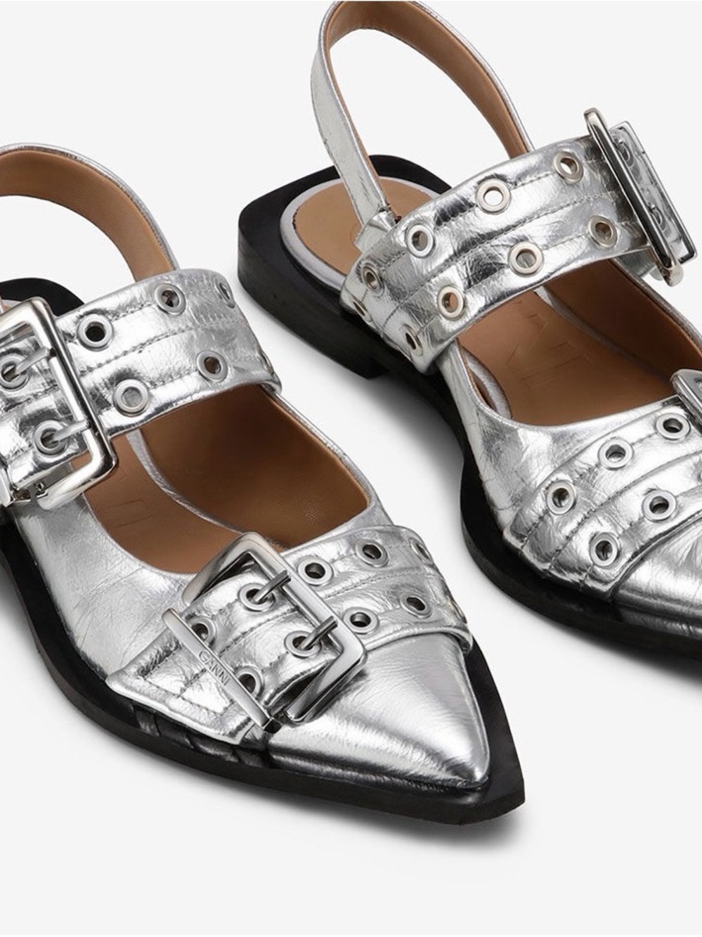 Brand new Ganni in Box Silver Pointed-Toe Buckle Slingback Flats